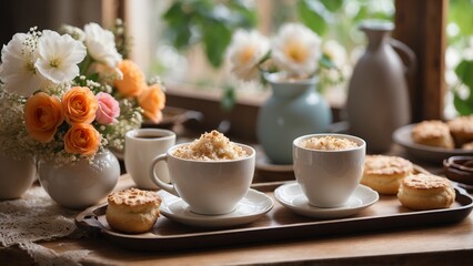 Morning Coffee and Scones Gentle, Bright, Culinary Relaxation on Wooden Backdrop with Copy Space

