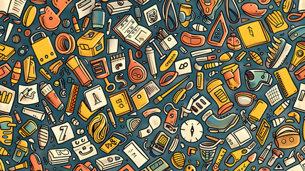 Naklejka premium A vibrant collage of assorted office supplies and tools scattered on a blue background
