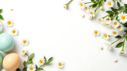 White daisies, green leaves, Easter eggs, pastel colors, spring theme, white textured background