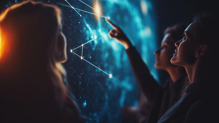 Three women pointing at constellation map in dark environment