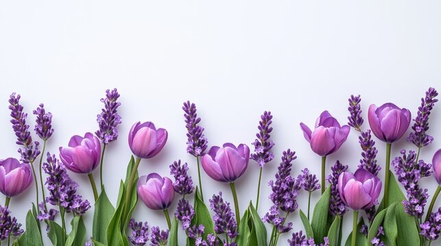 Monochromatic bouquet of purple lilacs and tulips on a white background - Powered by Adobe