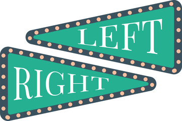 Vintage circus themed directional signs displaying Left and Right in bold white letters on green backgrounds, bordered by a series of retro style light bulbs