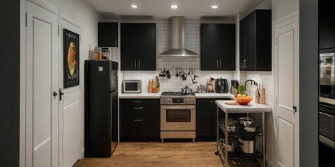 Modern Black Kitchen With Stainless Steel Appliances