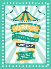 Vintage circus poster featuring a colorful tent with bold typography. Stars and banners frame the design, promoting a one day event with tickets available at the box office © WinWin
