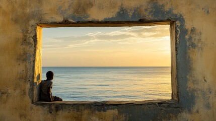 Serene Seascape Framed by Rustic Wall Person Gazing at Tranquil Horizon