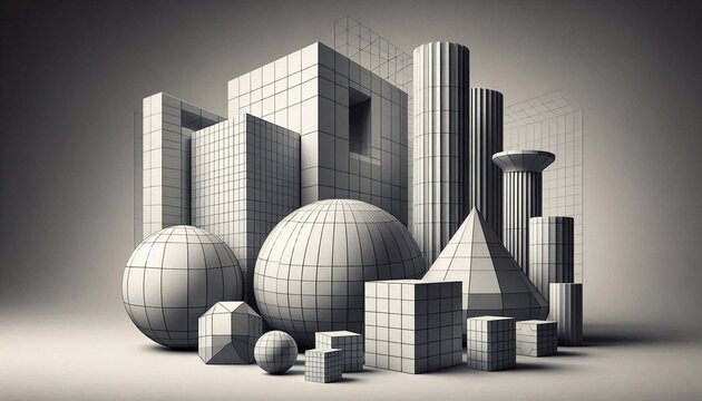 Architectural composition with cube sphere and parallelepiped