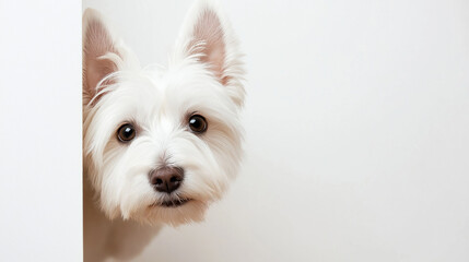 A white dog with a black nose peeking out from behind a white wall. The dog appears to be curious and looking around
