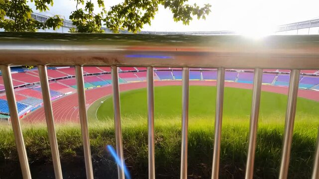 ty, stadium, seats, empty, stadium, seats, empty, railing, fence, metal, railing, fence, metal, raili