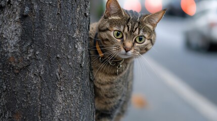 Curious Cat Peeking from Tree by Busy Street