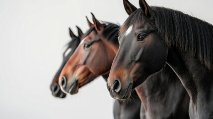 Fototapeta premium Three horses standing next to each other with one of them being black. The horses are all brown in color