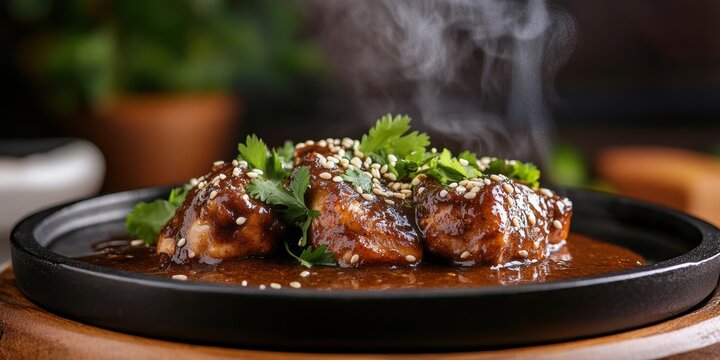 mexican culinary delight, a plate of mole poblano with tender chicken and rich mole sauce, topped with sesame seeds in a traditional mexican kitchen