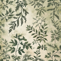A vintage botanical leaf illustration with intricately drawn ivy and fern leaves. The faded greens and soft earthy tones give the design a rustic, antique charm, perfect for classic home decor.