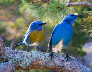 Obraz premium pajaros azulejos de las montañas macho y hembra sobre un arbol mirando el bosque