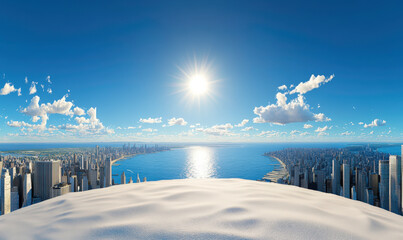 Stunning panoramic view of a vibrant city skyline meeting a tranquil ocean under a bright sun and blue sky with fluffy clouds in the distance