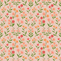 Floral pattern with small, colorful flowers in shades of pink, orange, and red, along with green leaves and vines. The background is a soft, warm beige or cream color