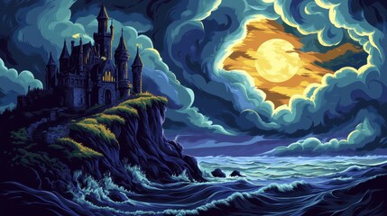 Eerie castle stands high above the ocean under moonlight