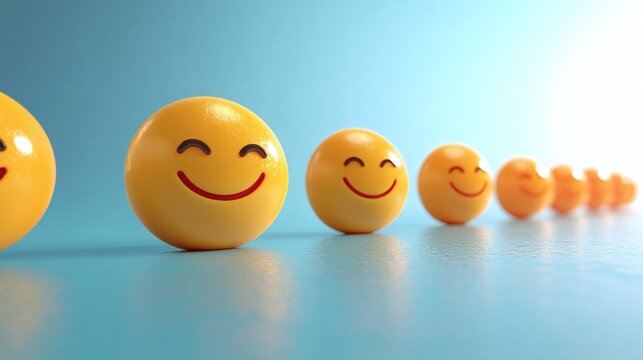 3D Yellow Smiley Faces in a Row for Customer Satisfaction Survey Positive Feedback and Employee Workplace Happiness Concept