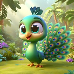 Fototapeta premium A cute animated green peacock with big eyes poses playfully among vibrant jungle foliage.