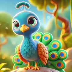 Fototapeta premium A vibrant, animated baby peacock with colorful feathers in a lush, whimsical forest setting.