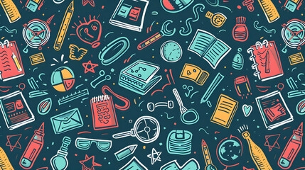 Colorful doodle pattern featuring various school supplies, stationery, and creative tools on a dark background