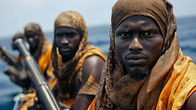 Somali pirates with weapons in traditional attire on a boat amidst open waters in a remote location highlighting maritime security challenges