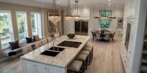 Fototapeta premium Luxurious Modern Kitchen Island Design With Elegant Chandeliers