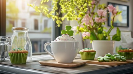 cozy cafe decorated for St. Patrick's Day, with shamrock-shaped cookies, green cupcakes, and a steaming cup of coffee
