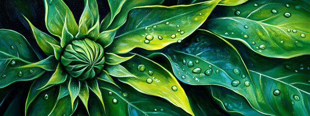 Fototapeta premium Close-up of yellow-green leaves with water droplets, macro photography 