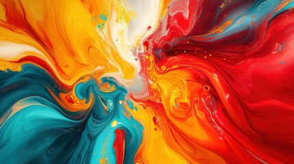Abstract swirling fluid art in red, yellow, teal, and white with dynamic motion