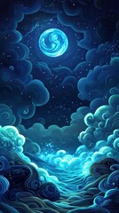 Stylized image of a glowing moon above swirling clouds