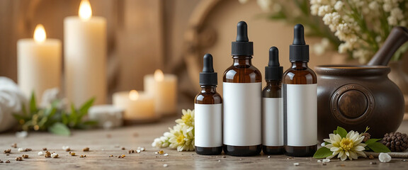 wide horizontal wellness banner background with brown colour glass serum bottles on a calm spar environment with candles and herbal leaves with copy space 