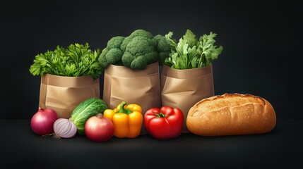 Fresh Organic Vegetables and Bread Arrangement Studio Setting Food Photography Dark Background Culinary Concept