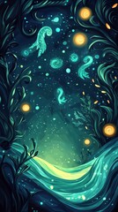 Magical underwater seascape with glowing fauna and flora abounds