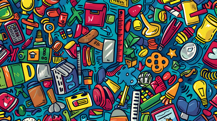 Obraz premium Colorful collage of various school and office supplies scattered on a vibrant blue background
