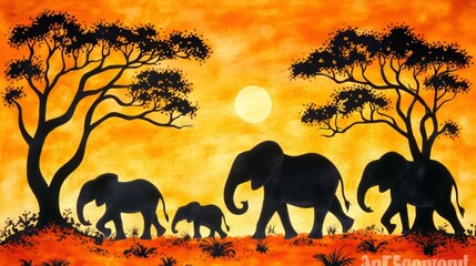 Fototapeta premium Silhouetted Elephant Family at Sunset, African Wildlife, Safari, Golden Hour, Savanna Landscape