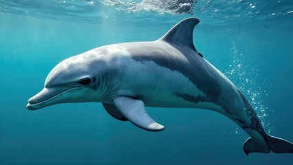 Naklejka premium Dolphin close up swimming underwater. Underwater sea world