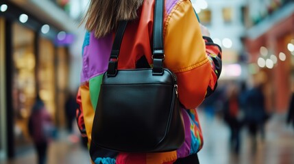 Black Faux Leather Purse with Vibrant Jacket in Shopping District