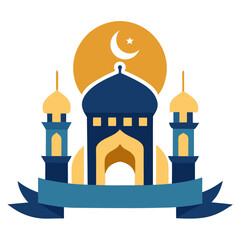 Ramadan Kareem banner, poster, greeting card, cover design with mosque, crescent moon, stars and typography in flat geometric style. vector illustation