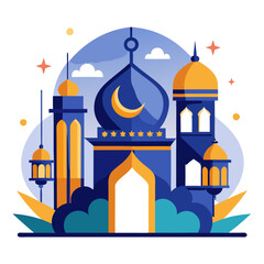 Fototapeta premium Ramadan Kareem banner, poster, greeting card, cover design with mosque, crescent moon, stars and typography in flat geometric style. vector illustation
