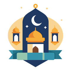 Ramadan Kareem banner, poster, greeting card, cover design with mosque, crescent moon, stars and typography in flat geometric style. vector illustation