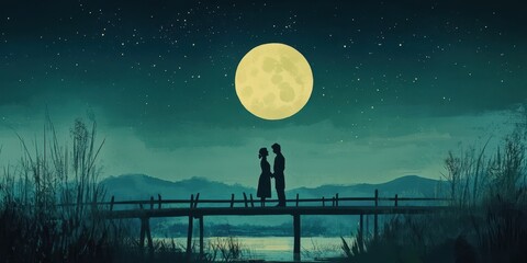 Couple holding hands on a bridge under a full moon
