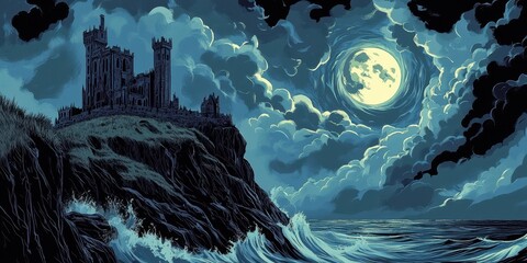 A brooding castle looms over a stormy ocean at night