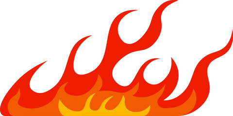 Cartoon flames burning in vibrant shades of bright orange and red create an energetic visual effect, standing out dramatically against a clean white background