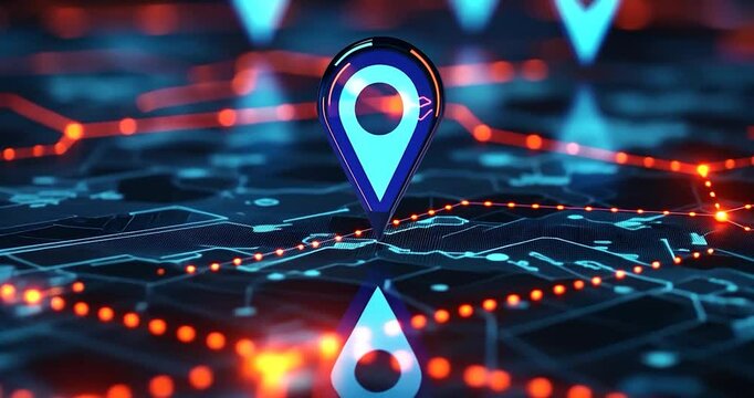 3D map with glowing GPS location pin on digital grid for smart technology