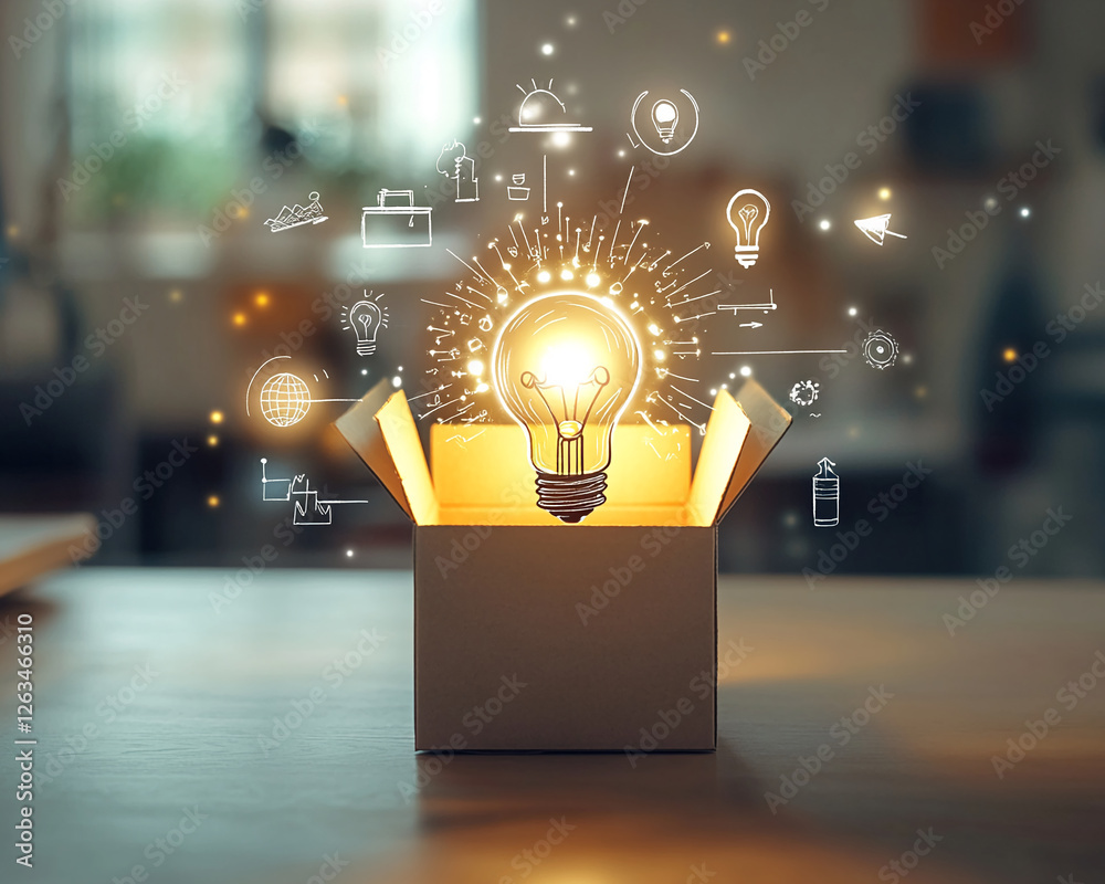 Poster A glowing light bulb emerging from an open cardboard box with floating digital icons, symbolizing creativity, innovation, and new ideas in the modern business and technology world.