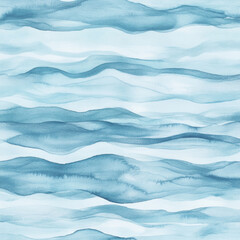 A soft watercolor ocean illustration with delicate blue hues blending into each other, creating a gentle, flowing wave texture.