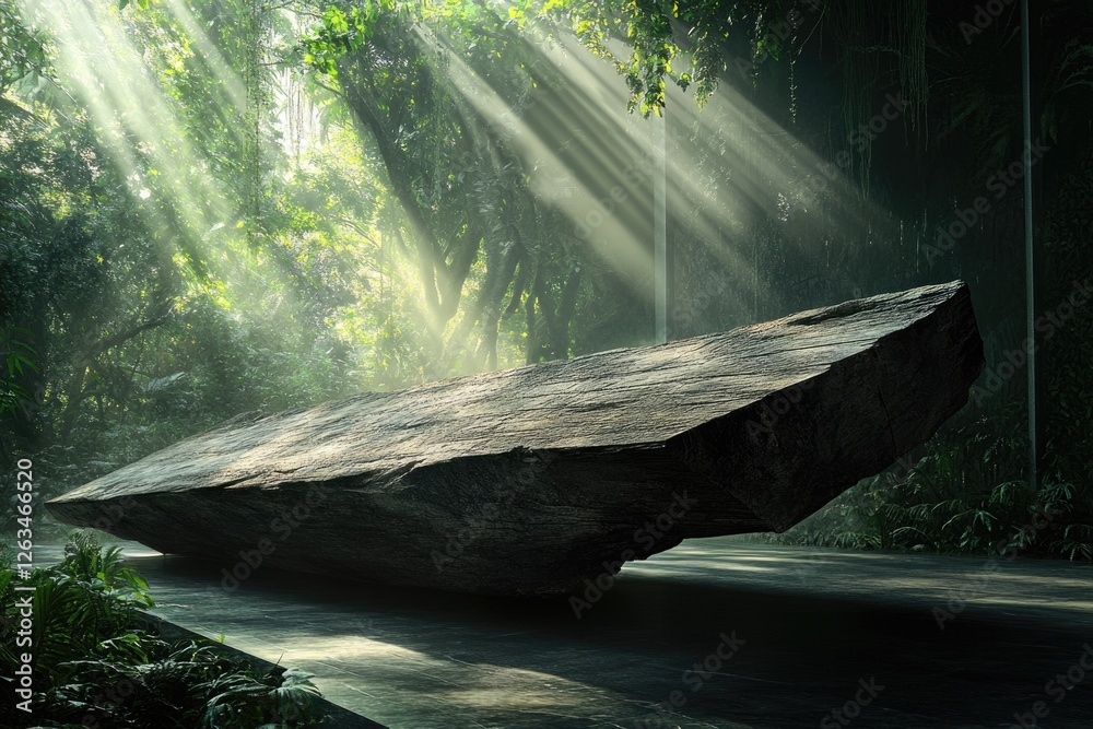 Wall mural A large, dark rock rests in a lush, sun-dappled jungle setting.