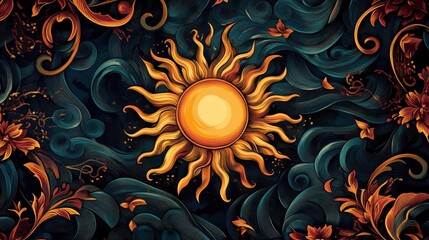 Ornamental golden sun with radiating flares surrounded by flora