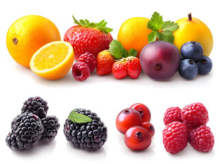 Composition of Assorted Berries and Fruits Arranged Artistically on a White Background Showcasing Vibrant Colors and Textures