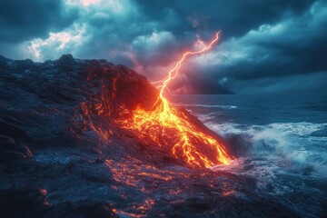Lava flows down a volcanic cliff, struck by lightning during a dramatic storm, creating a fiery spectacle.